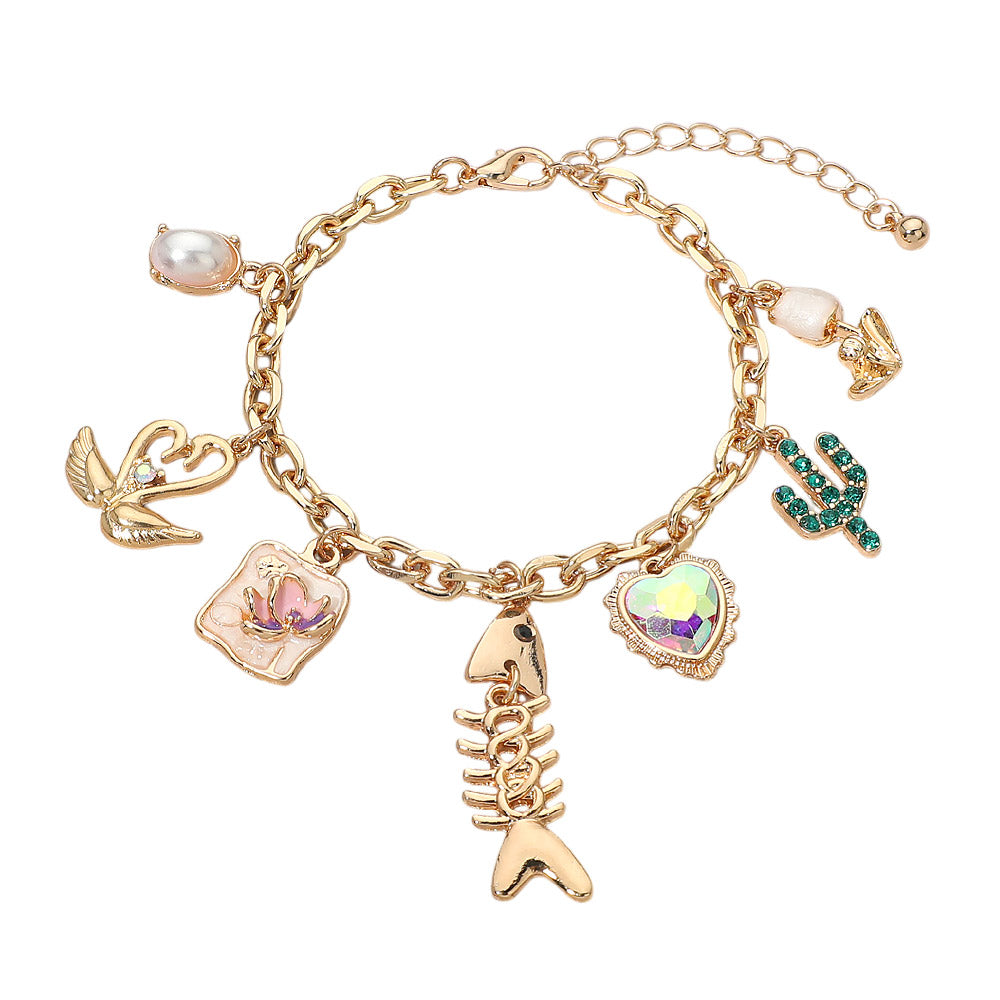 Madeline Love Gold Fishbone Heart Cactus Pearl Flower Charm Station Bracelet - Bracelets - desc