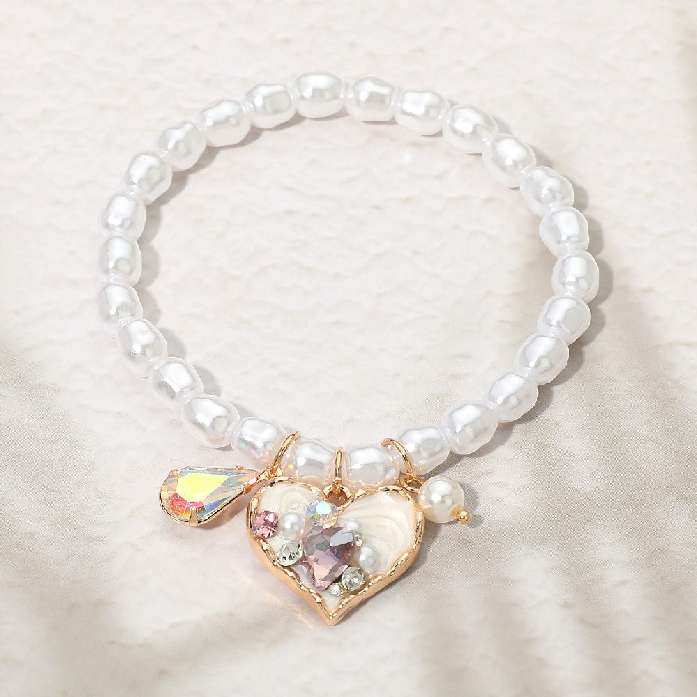 Madeline Love Cream, Gold Heart Teardrop Stone Charm Pearl Beaded Stretch Bracelet - Bracelets