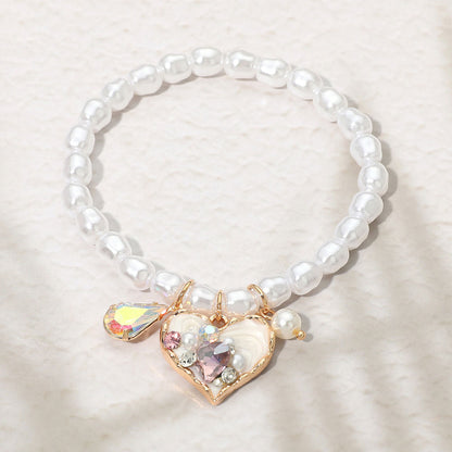 Madeline Love Cream, Gold Heart Teardrop Stone Charm Pearl Beaded Stretch Bracelet - Bracelets