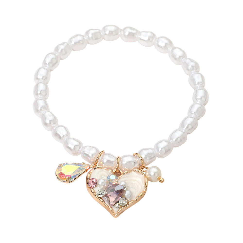 Madeline Love Cream, Gold Heart Teardrop Stone Charm Pearl Beaded Stretch Bracelet - Bracelets - desc
