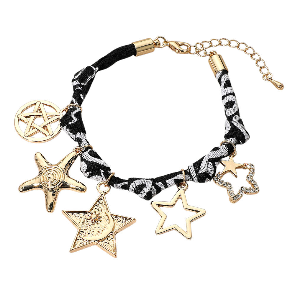 Madeline Love Black, Gold Star Charm Embellished Scarf Fabric Chain Bracelet - Bracelets - desc