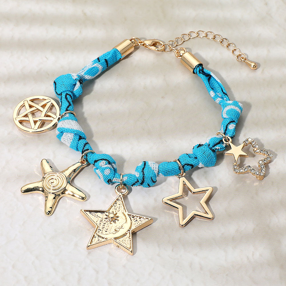 Madeline Love Blue, Gold Star Charm Embellished Scarf Fabric Chain Bracelet - Bracelets