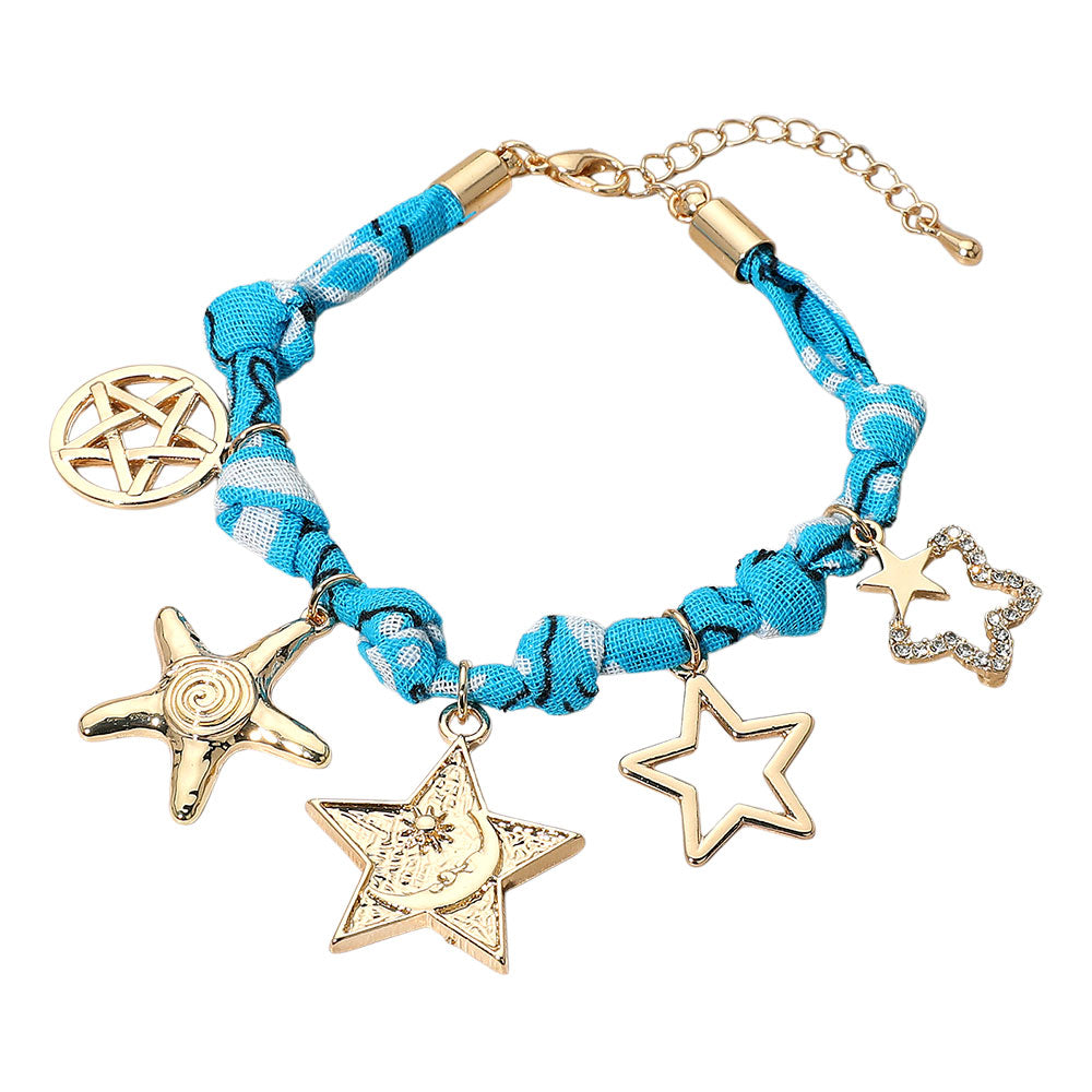 Madeline Love Blue, Gold Star Charm Embellished Scarf Fabric Chain Bracelet - Bracelets - desc