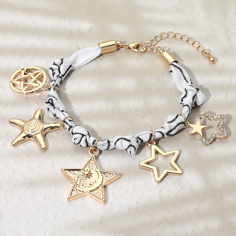 Madeline Love Gold, White Star Charm Embellished Scarf Fabric Chain Bracelet - Bracelets