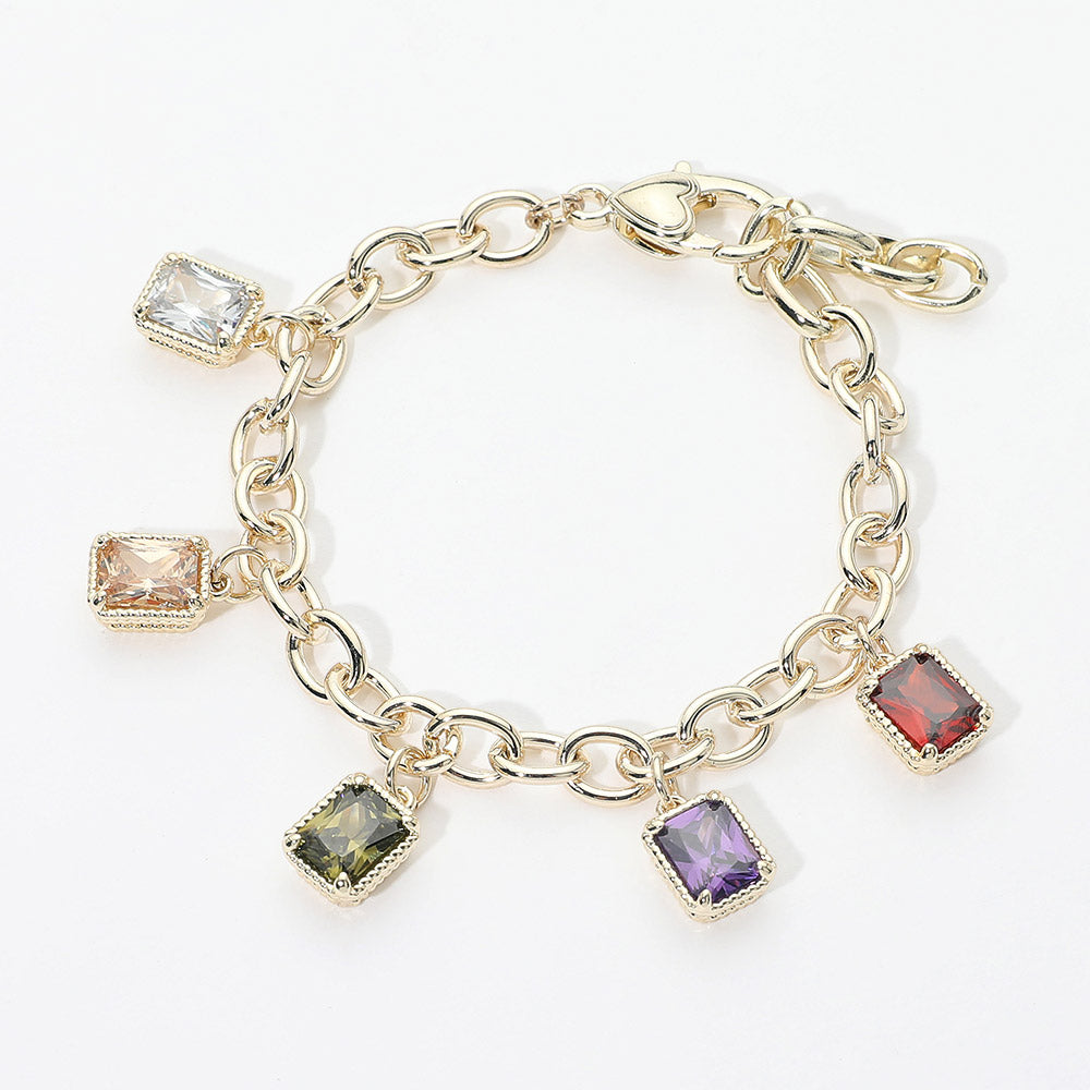 Madeline Love Gold, Multi 14K Gold Plated Colorful CZ Rectangle Charm Station Bracelet
