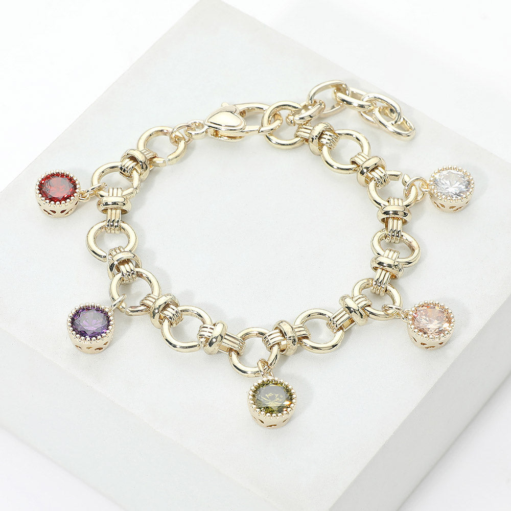 Madeline Love Gold, Multi 14K Gold Plated Colorful CZ Round Charm Station Bracelet