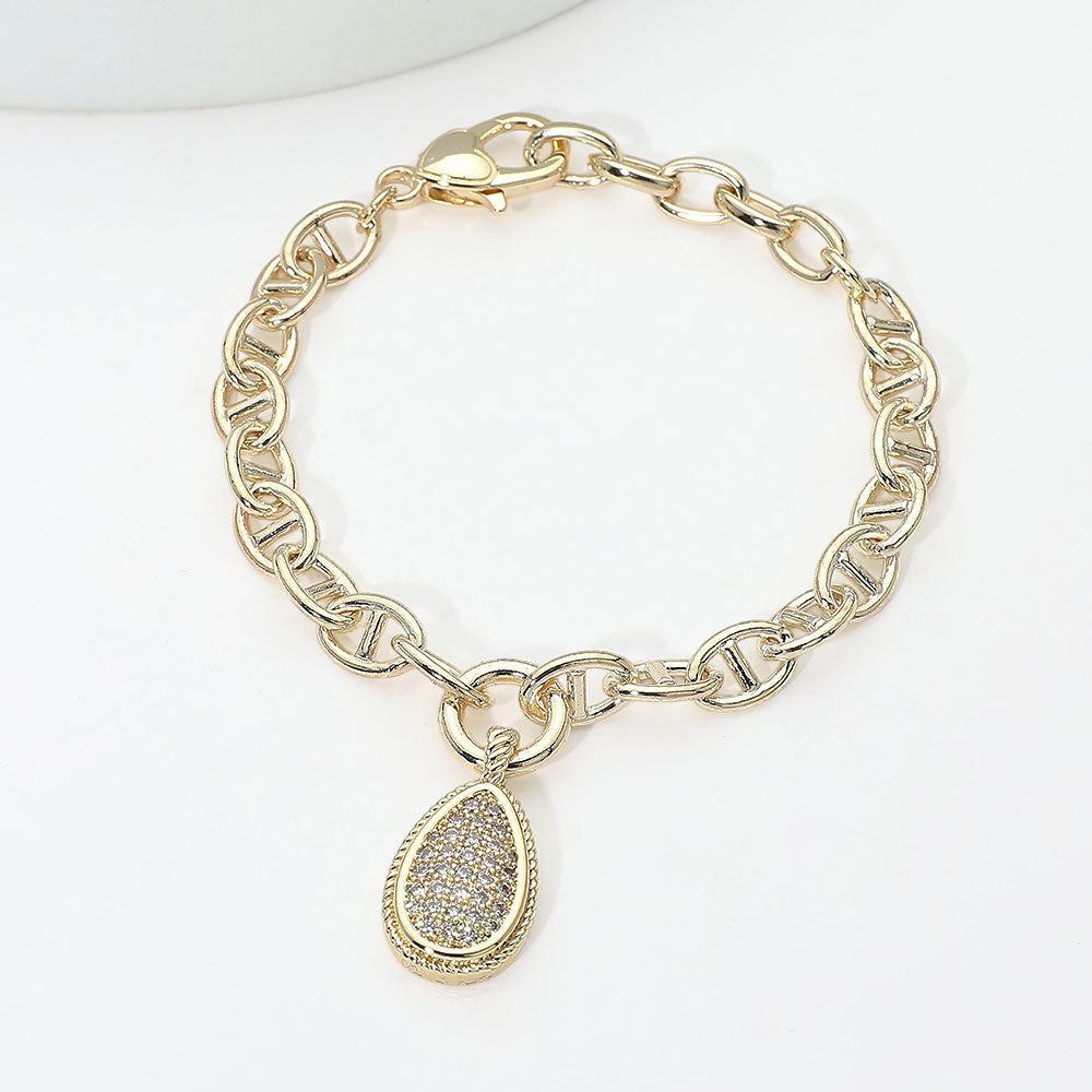 Madeline Love Gold 14K Gold Plate CZ Pave Teardrop Charm Mariner Link Chain Bracelet