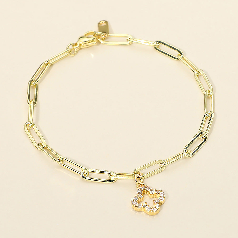 Madeline Love Clear, Gold Stainless Steel Rhinestone Pave Open Quatrefoil Charm Paperclip Chain Link Bracelet