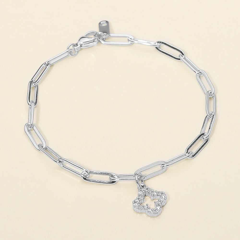 Madeline Love Clear, Silver Stainless Steel Rhinestone Pave Open Quatrefoil Charm Paperclip Chain Link Bracelet