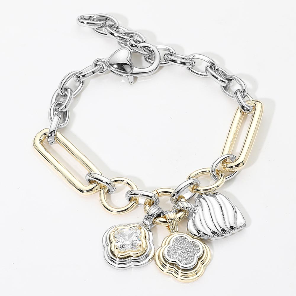 Madeline Love Two Tone 14K Gold Plated Two Tone CZ Quatrefoil Textured Metal Heart Charm Bracelet