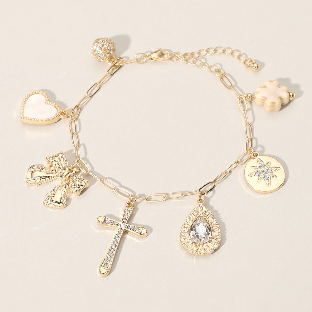 Madeline Love Clear, Gold Stone Paved Cross Ball Teardrop Stone Bow Mother of Pearl Heart Glazed Clover Charm Station Paperclip Chain Bracelet - Bracelets