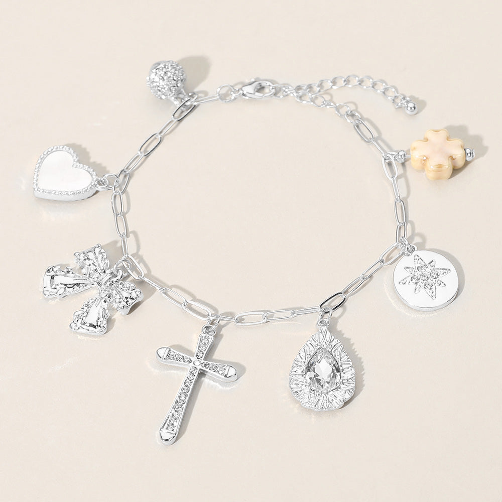 Madeline Love Clear, Rhodium Stone Paved Cross Ball Teardrop Stone Bow Mother of Pearl Heart Glazed Clover Charm Station Paperclip Chain Bracelet - Bracelets