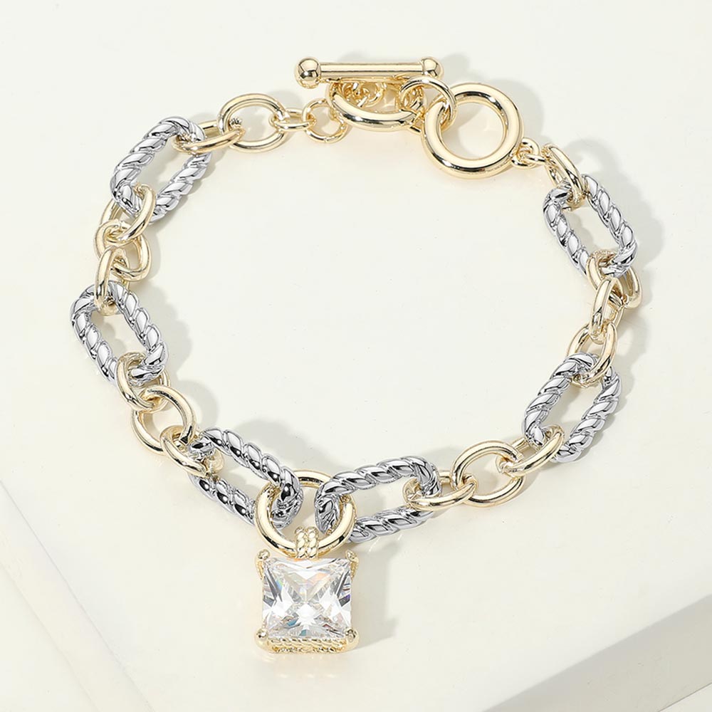 Madeline Love Clear, Two Tone 14K Gold Plated Two Tone Square CZ Stone Charm Mixed Link Toggle Bracelet