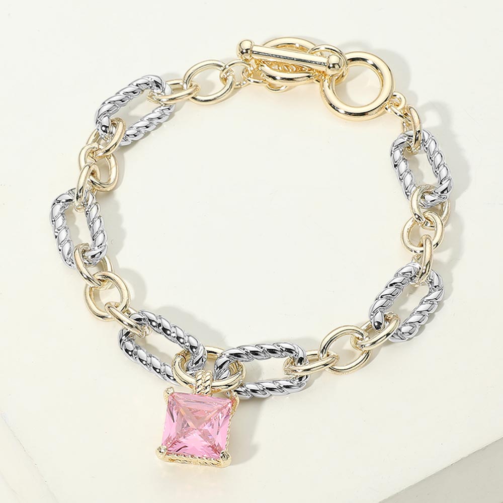 Madeline Love Rose, Two Tone 14K Gold Plated Two Tone Square CZ Stone Charm Mixed Link Toggle Bracelet
