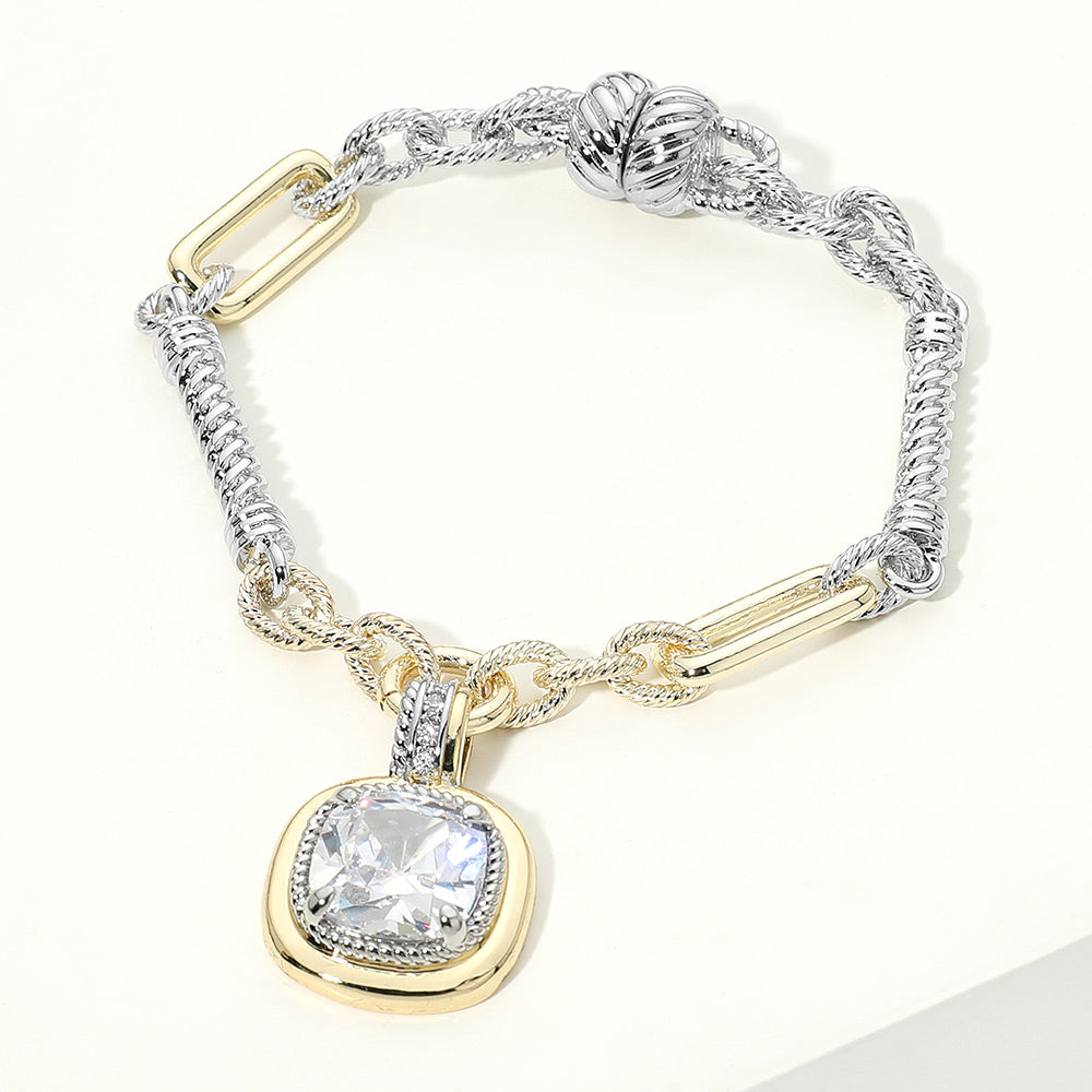 Madeline Love Two Tone 14K Gold Plated Two Tone Cushion CZ Charm Magnetic Bracelet