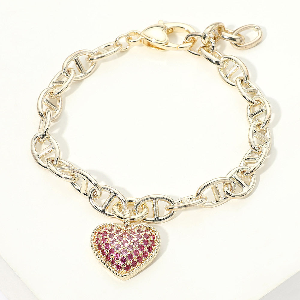 Madeline Love Gold, Pink 14K Gold Plated CZ Pave Heart Charm Link Bracelet