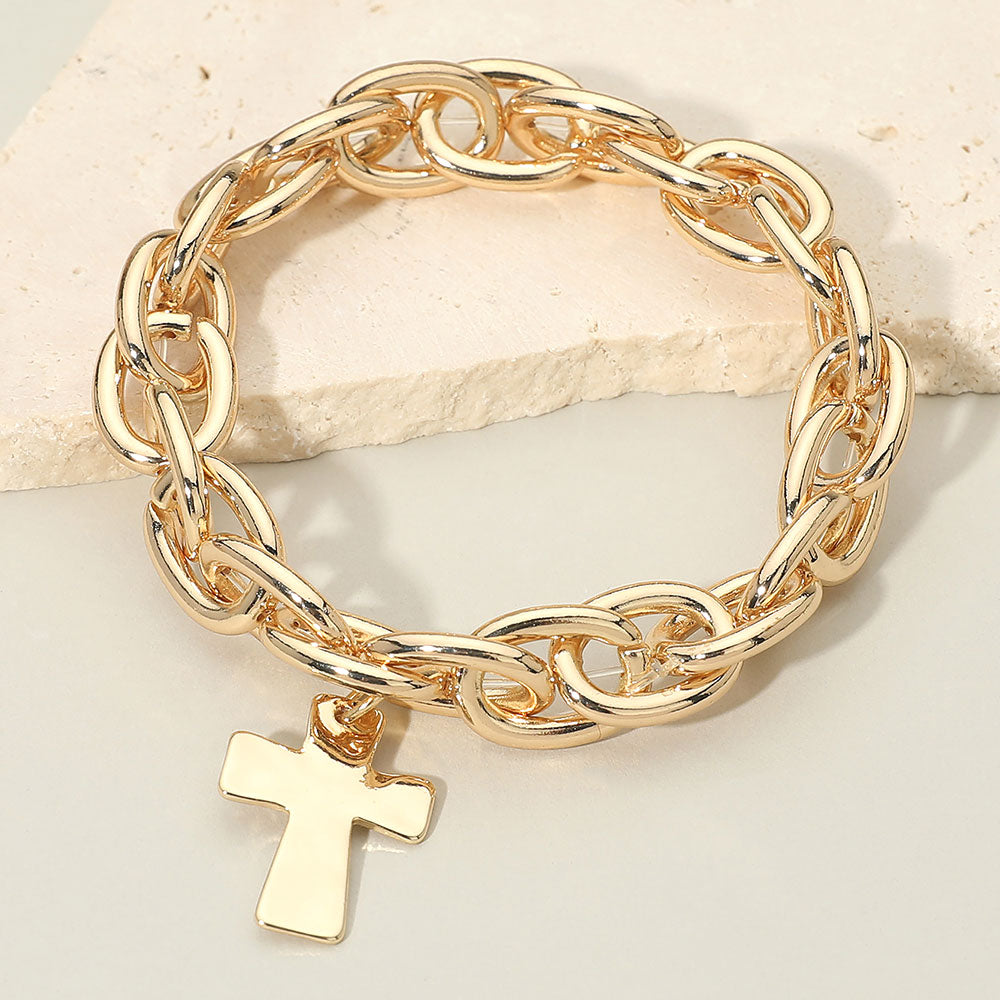 Madeline Love Gold Metal Cross Charm Chunky Chain Link Stretch Bracelet - Bracelets