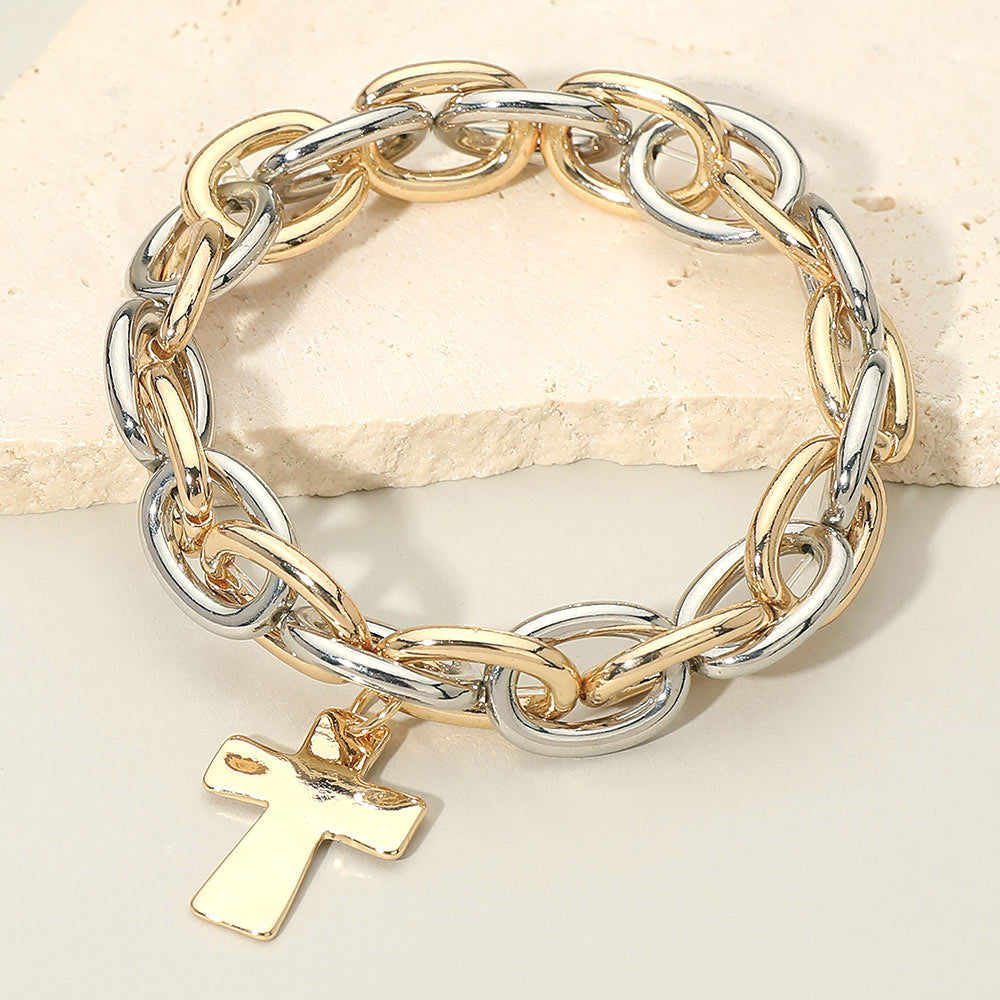 Madeline Love Gold, Rhodium Metal Cross Charm Chunky Chain Link Stretch Bracelet - Bracelets