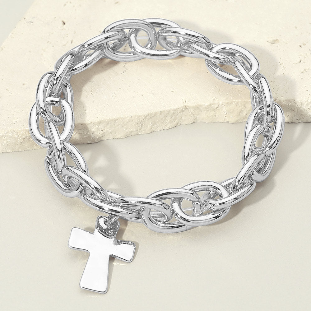 Madeline Love Rhodium Metal Cross Charm Chunky Chain Link Stretch Bracelet - Bracelets