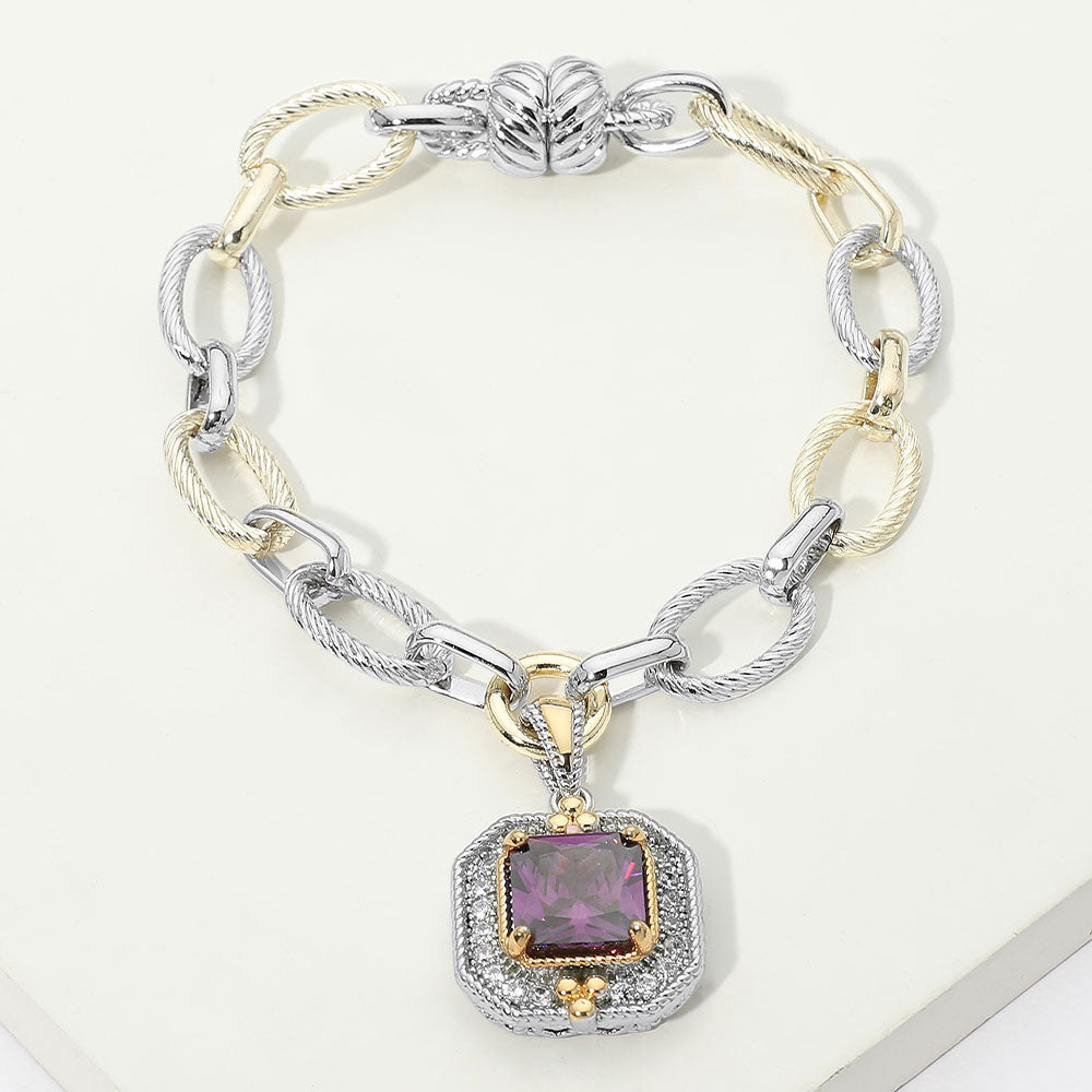 Madeline Love Amethyst , Two Tone 14K Gold Plated Two Tone CZ Square Charm Mixed Link Chain Magnetic Bracelet