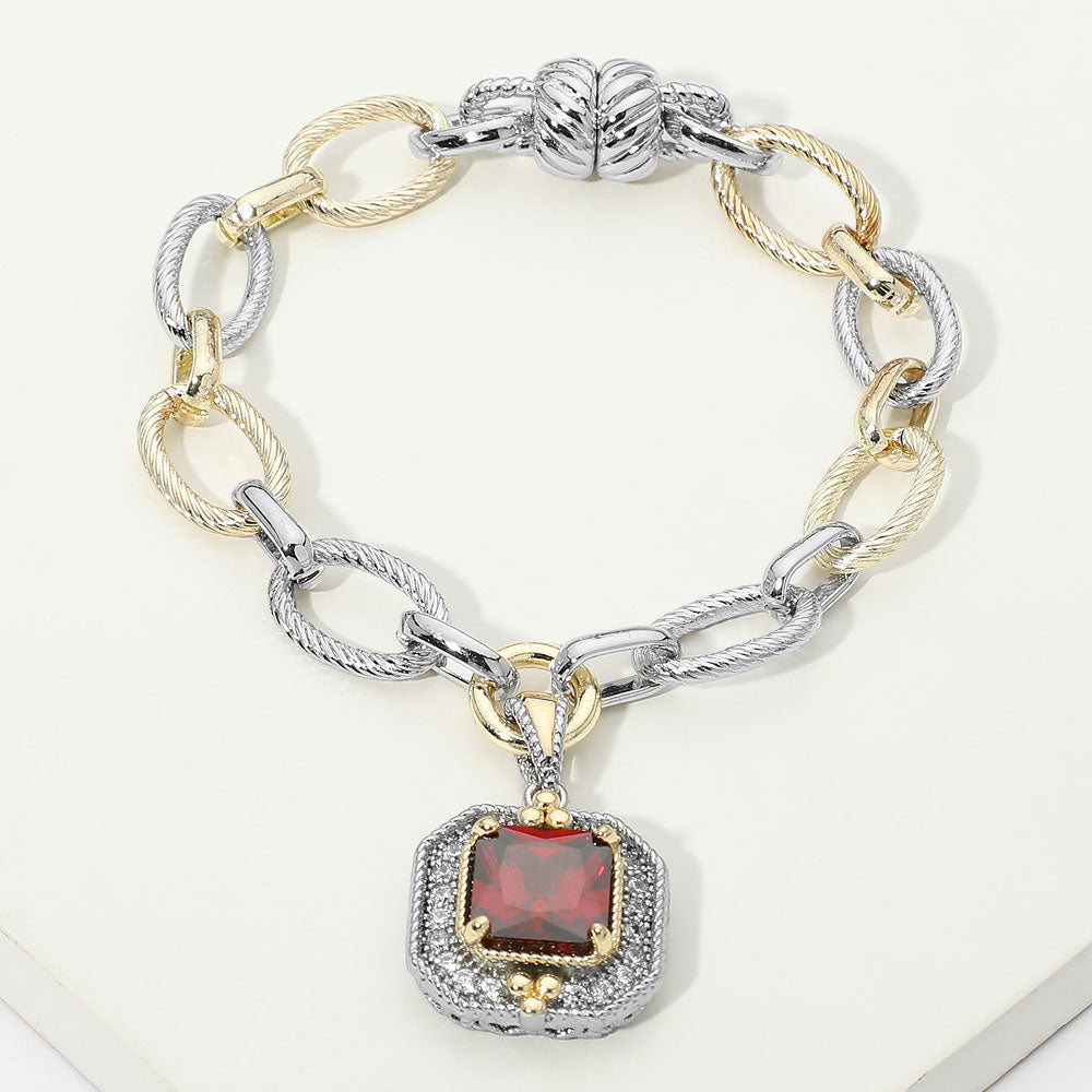 Madeline Love Red, Two Tone 14K Gold Plated Two Tone CZ Square Charm Mixed Link Chain Magnetic Bracelet
