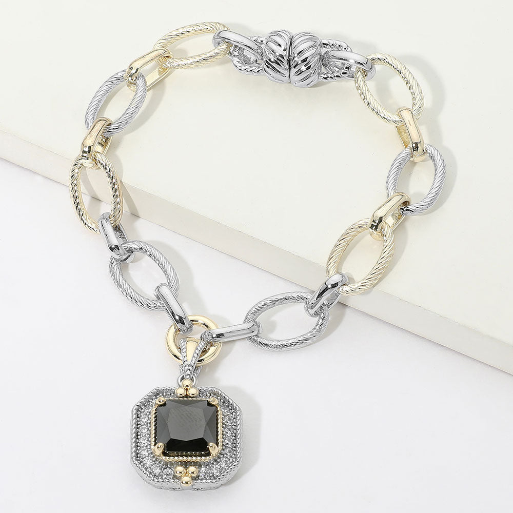 Madeline Love Jet Black, Two Tone 14K Gold Plated Two Tone CZ Square Charm Mixed Link Chain Magnetic Bracelet