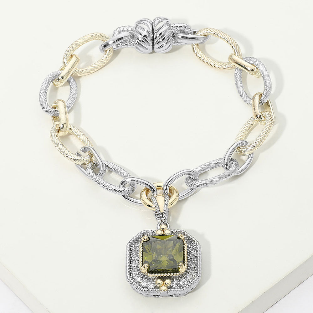 Madeline Love Olive Green, Two Tone 14K Gold Plated Two Tone CZ Square Charm Mixed Link Chain Magnetic Bracelet