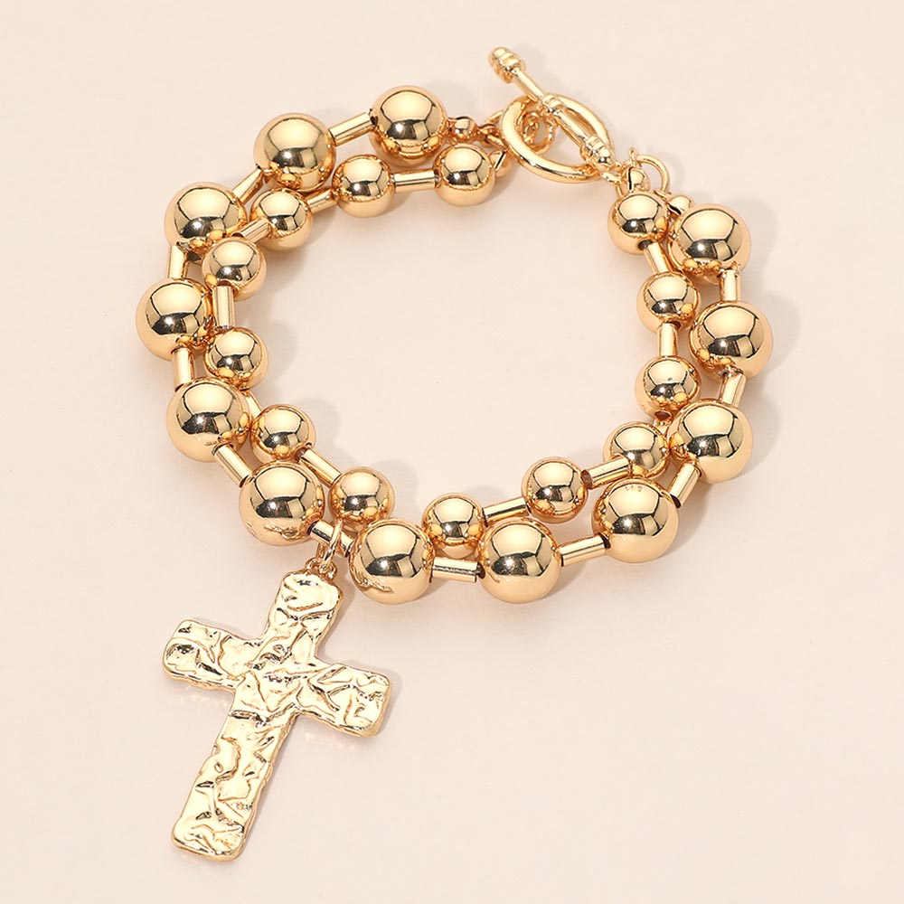 Madeline Love Gold Hammered Metal Cross Charm Layered Beaded Toggle Bracelet