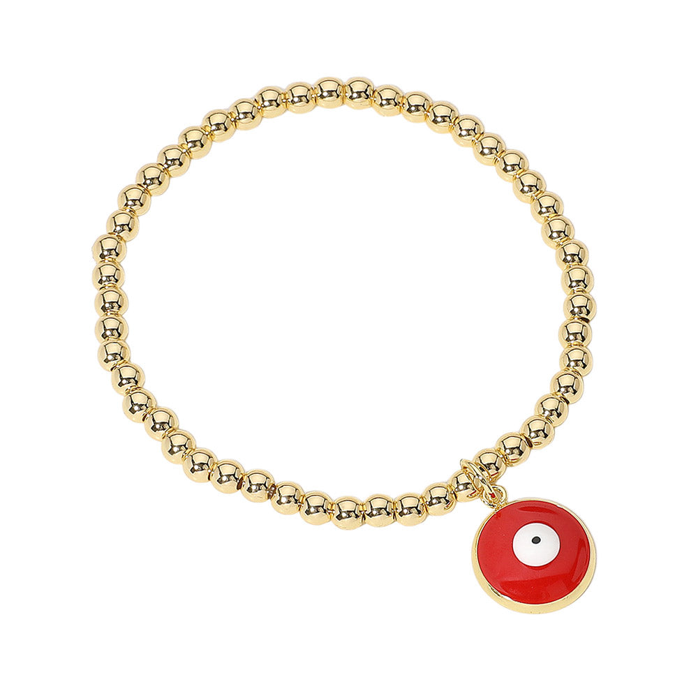 Gold Red Stainless Steel Ball Evil Eye Charm Beaded Stretch Bracelet features a gold navy color and a charming design of the protective evil eye. Made with high-quality stainless steel, it measures 0.2" in height and is stretchable for a comfortable fit. The 0.5" X 0.5" charm adds a touch of unique elegance.