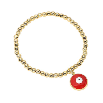 Gold Red Stainless Steel Ball Evil Eye Charm Beaded Stretch Bracelet features a gold navy color and a charming design of the protective evil eye. Made with high-quality stainless steel, it measures 0.2" in height and is stretchable for a comfortable fit. The 0.5" X 0.5" charm adds a touch of unique elegance.
