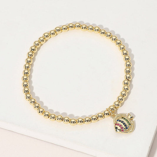 Gold, Multi Stainless Steel Ball Stone Paved Fish Charm Beaded Stretch Bracelet