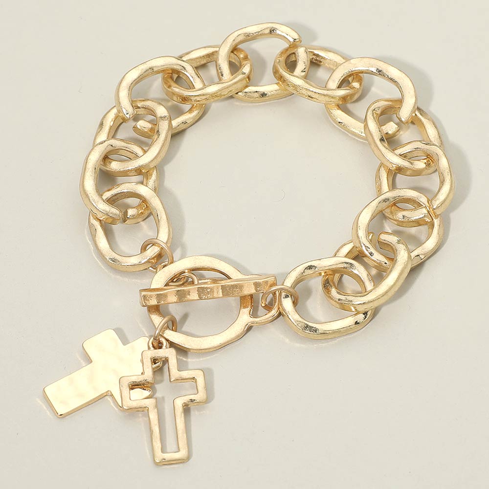 Madeline Love Gold, Worn Gold Hammered Layered Cross Charm Chunky Chain Toggle Bracelet - Bracelets