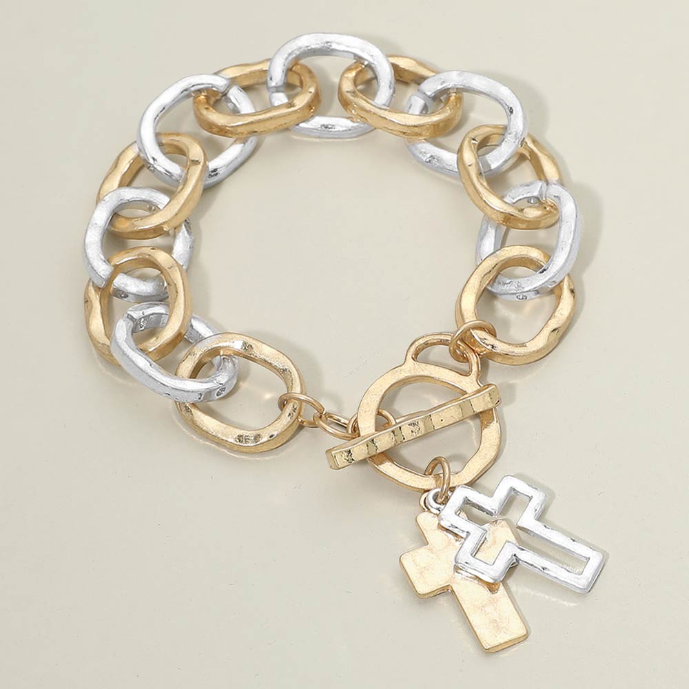 Madeline Love Worn Gold, Worn Silver Hammered Layered Cross Charm Chunky Chain Toggle Bracelet - Bracelets