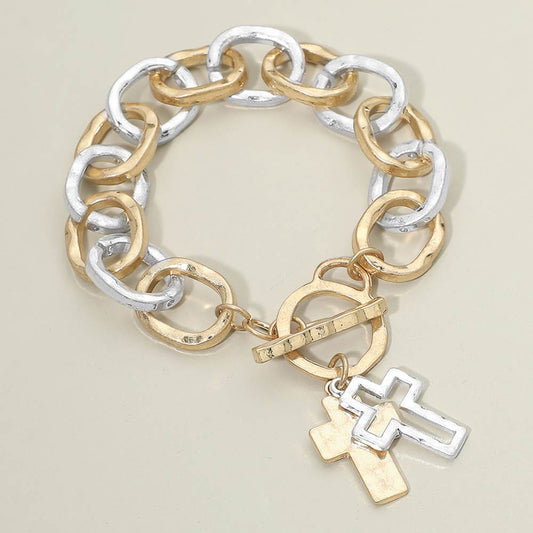 Madeline Love Worn Gold, Worn Silver Hammered Layered Cross Charm Chunky Chain Toggle Bracelet - Bracelets