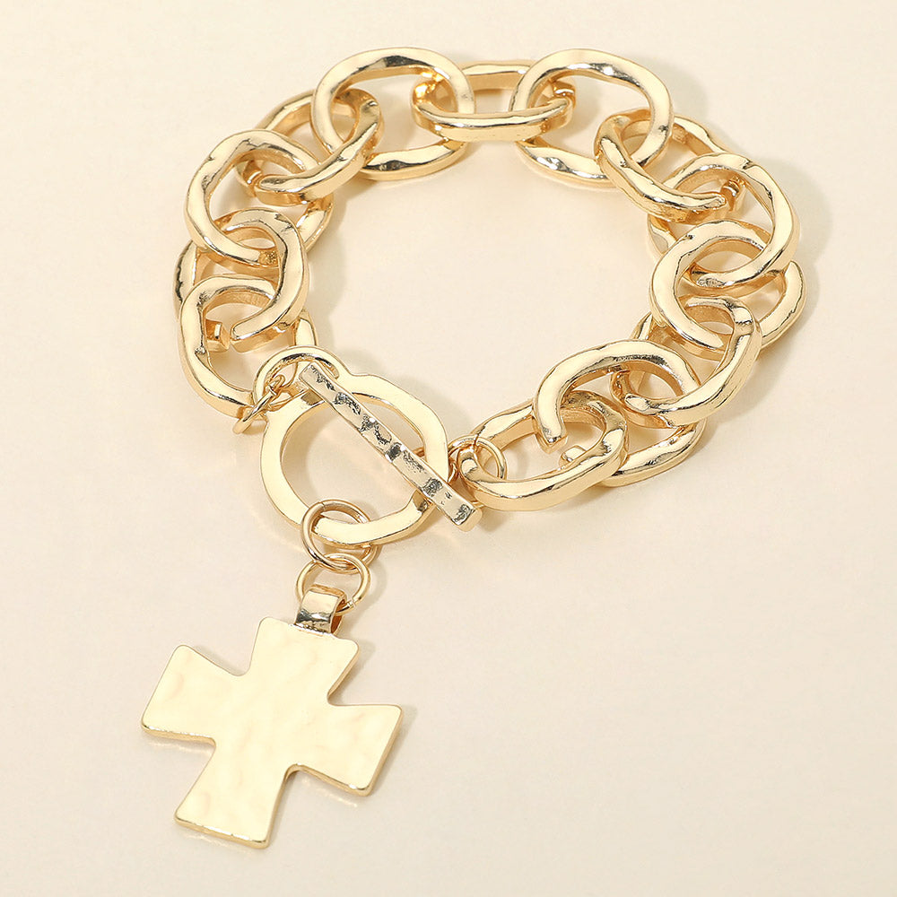 Madeline Love Gold Hammered Metal Cross Charm Chunky Chain Toggle Bracelet - Bracelets