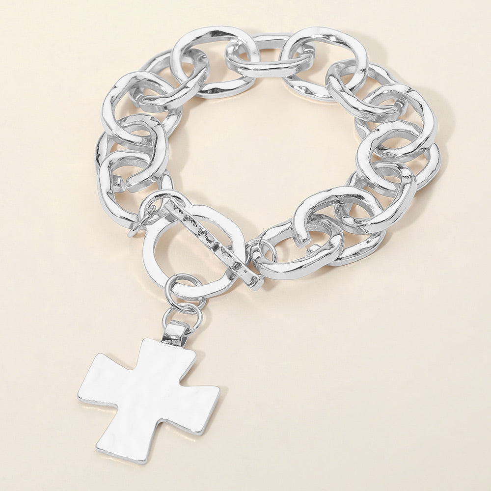 Madeline Love Rhodium Hammered Metal Cross Charm Chunky Chain Toggle Bracelet - Bracelets