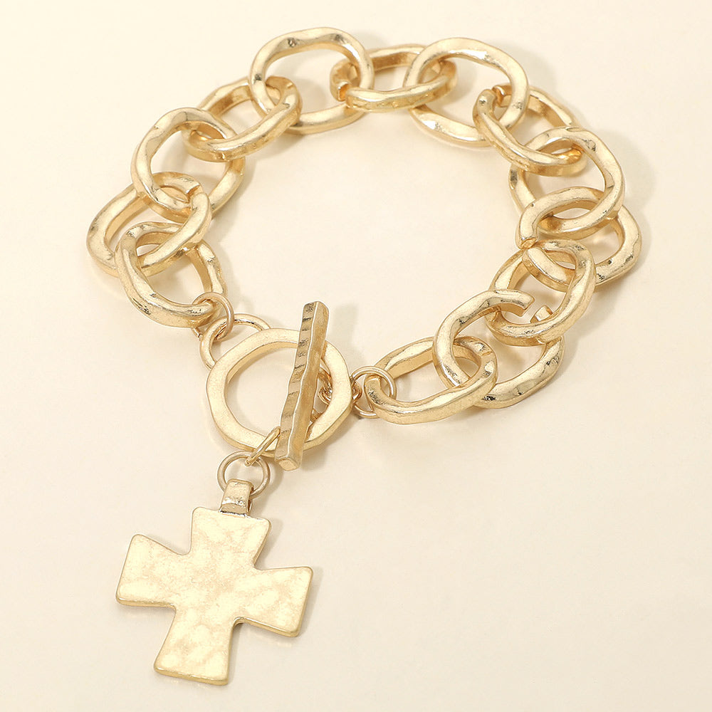 Madeline Love Worn Gold Hammered Metal Cross Charm Chunky Chain Toggle Bracelet - Bracelets