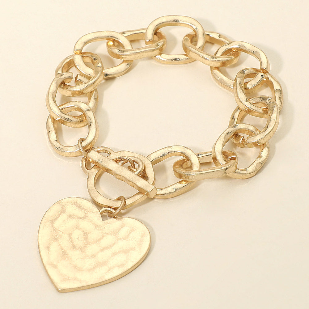 Madeline Love Worn Gold Hammered Metal Heart Charm Chunky Chain Toggle Bracelet - Bracelets