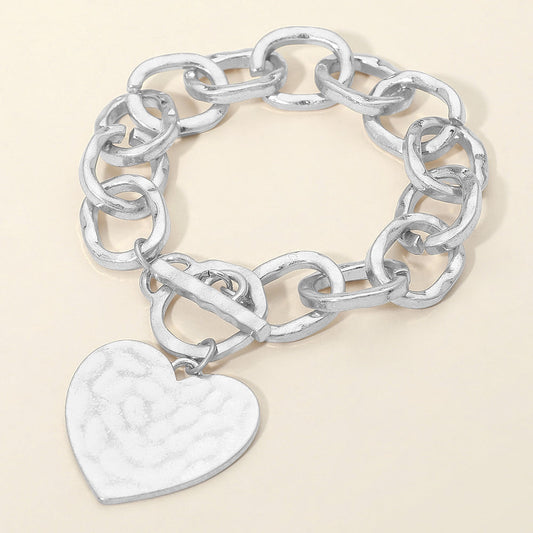 Madeline Love Worn Silver Hammered Metal Heart Charm Chunky Chain Toggle Bracelet - Bracelets