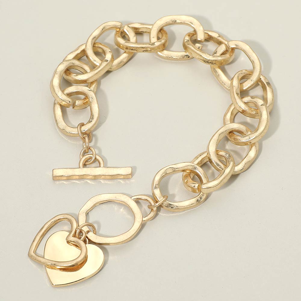 Madeline Love Gold, Worn Gold Hammered Layered Heart Charm Chunky Chain Toggle Bracelet - Bracelets