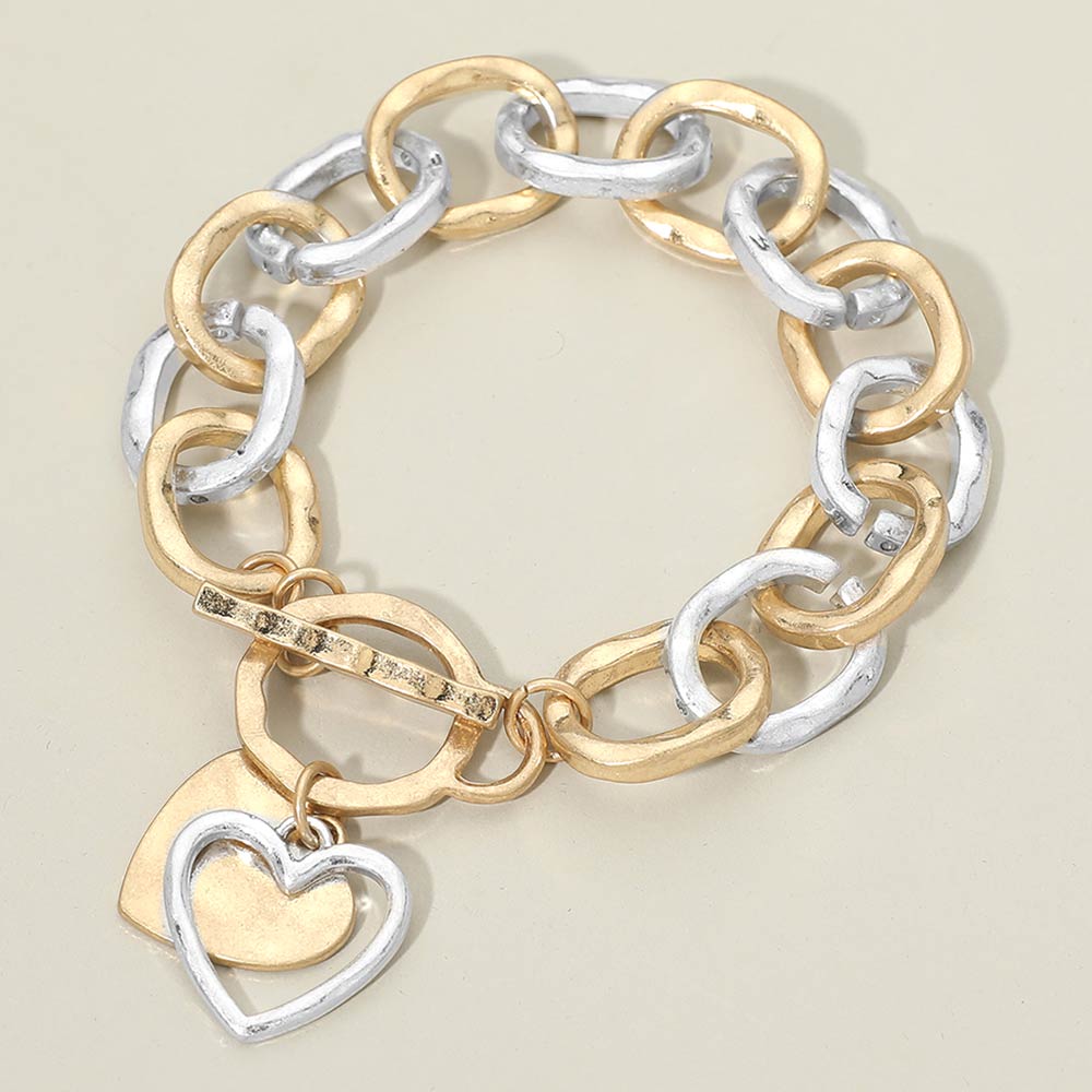 Madeline Love Worn Gold, Worn Silver Hammered Layered Heart Charm Chunky Chain Toggle Bracelet - Bracelets