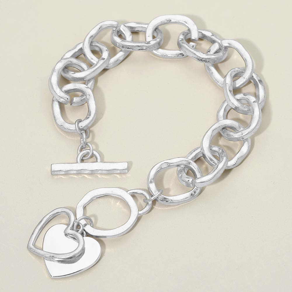 Madeline Love Rhodium, Worn Silver Hammered Layered Heart Charm Chunky Chain Toggle Bracelet - Bracelets