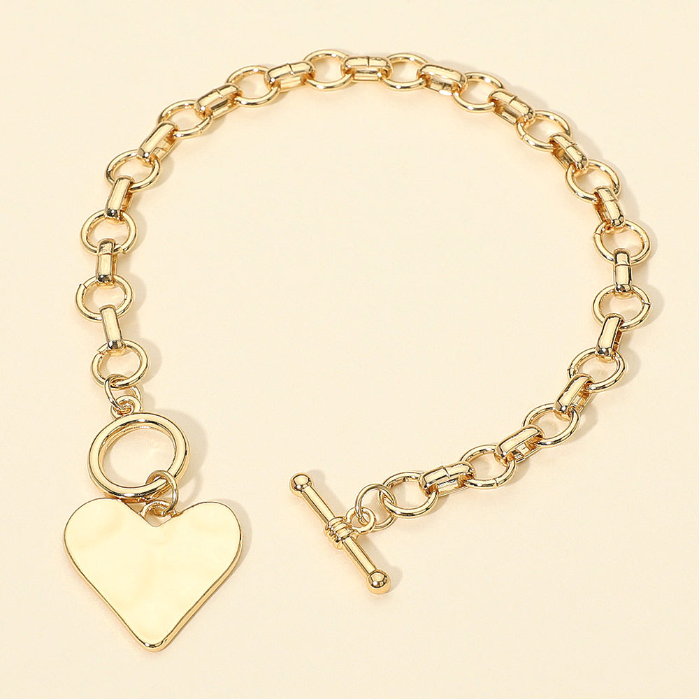 Madeline Love Gold Hammered Metal Heart Charm Chain Link Toggle Bracelet