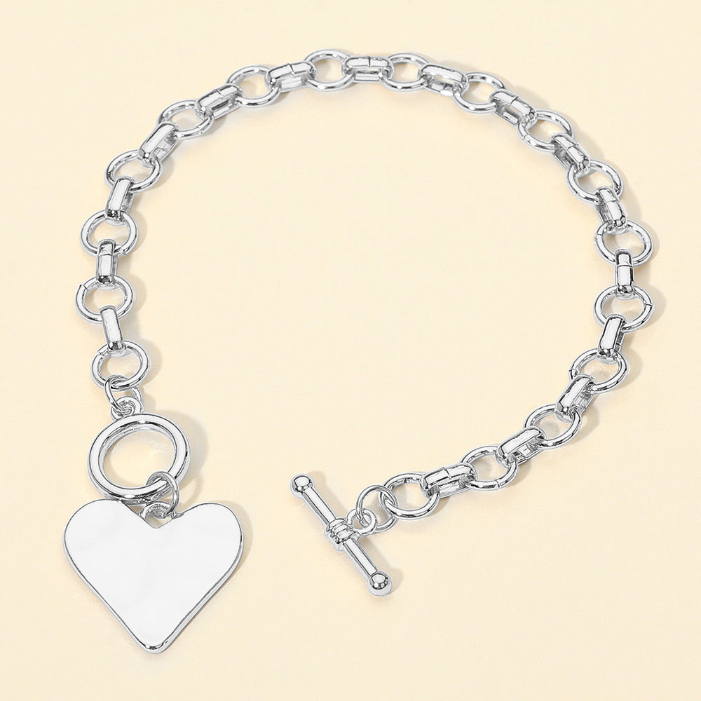 Madeline Love Rhodium Hammered Metal Heart Charm Chain Link Toggle Bracelet
