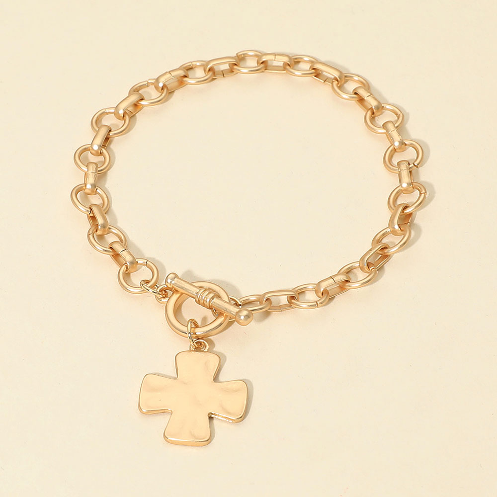 Madeline Love Gold Matte Hammered Metal Cross Charm Toggle Chain Link Bracelet - Bracelets