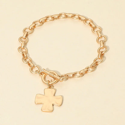Madeline Love Gold Matte Hammered Metal Cross Charm Toggle Chain Link Bracelet - Bracelets