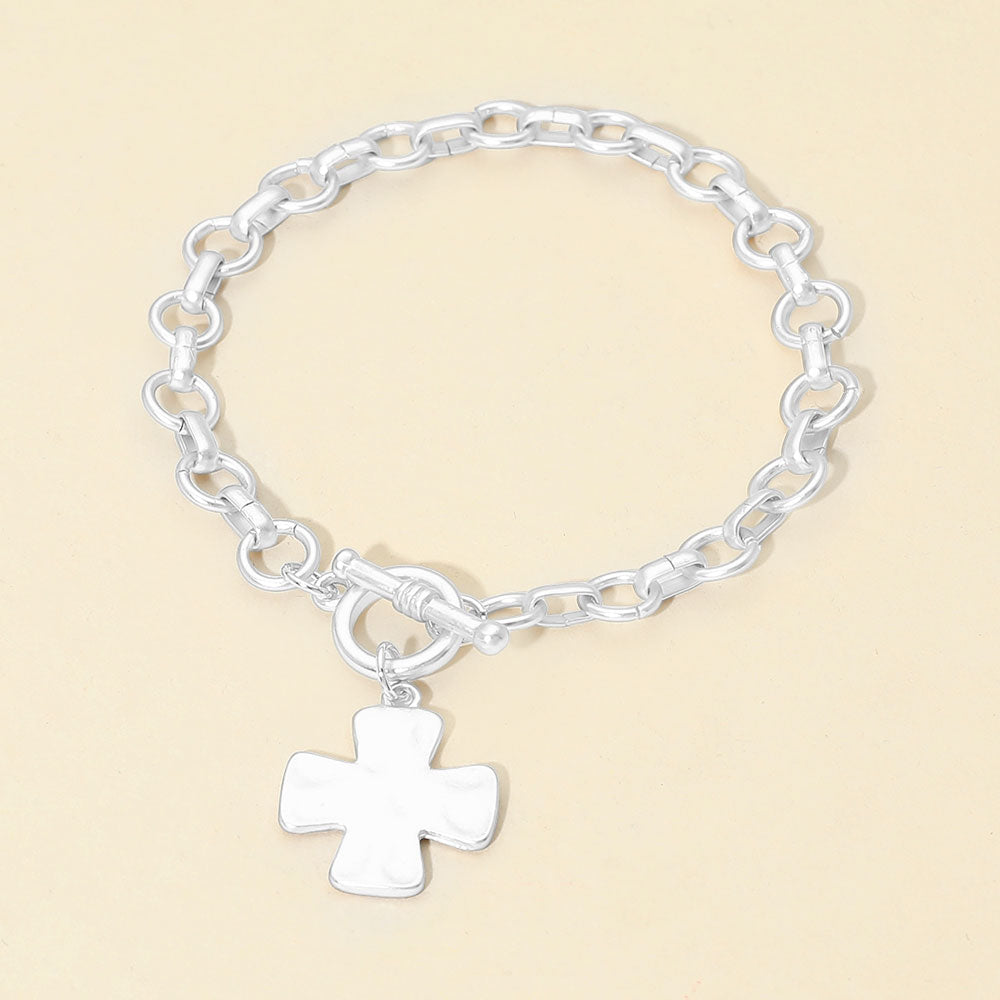 Madeline Love Silver Matte Hammered Metal Cross Charm Toggle Chain Link Bracelet - Bracelets