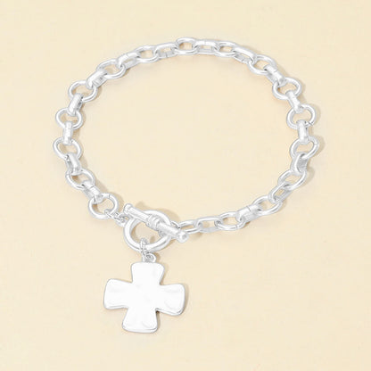 Madeline Love Silver Matte Hammered Metal Cross Charm Toggle Chain Link Bracelet - Bracelets