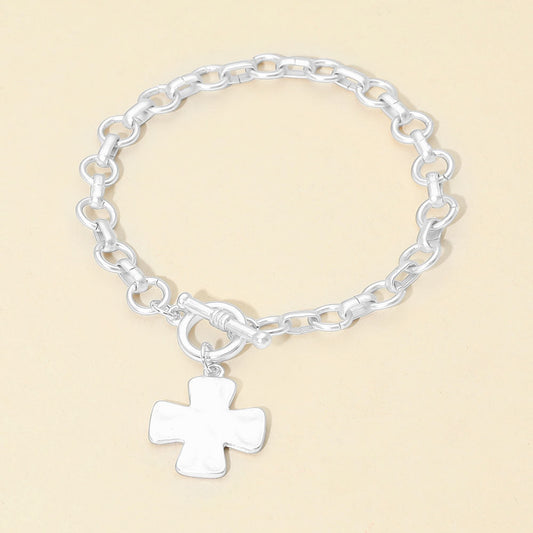 Madeline Love Silver Matte Hammered Metal Cross Charm Toggle Chain Link Bracelet - Bracelets