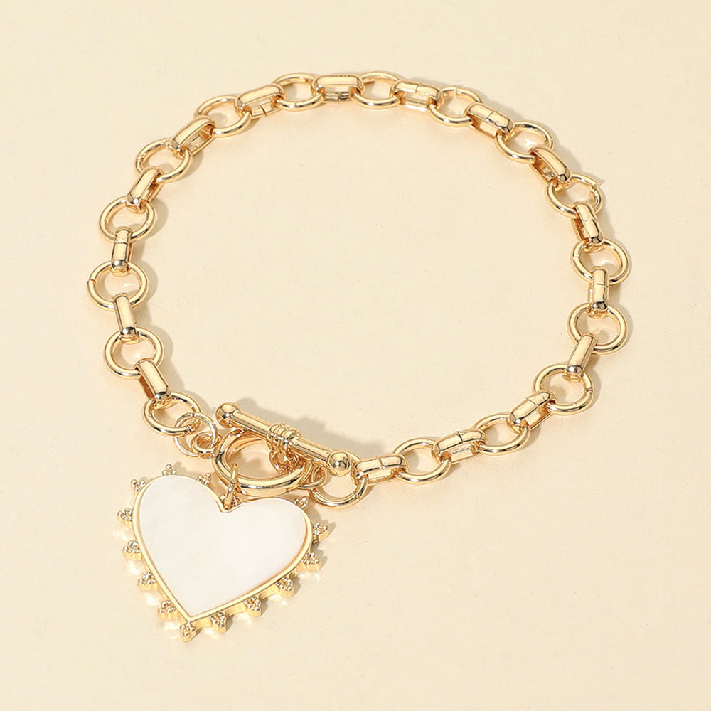 Madeline Love Gold Bead Mother of Pearl Heart Charm Toggle Chain Bracelet - Bracelets